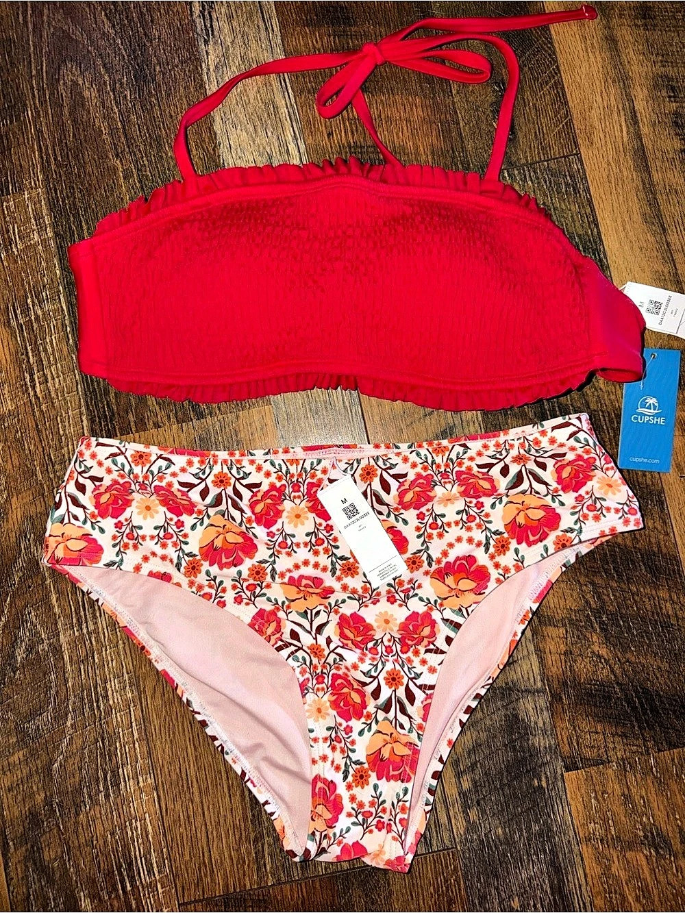 CUPSHE Floral Smocked Bandeau High Waisted Bikini Set Pink & Red Medium